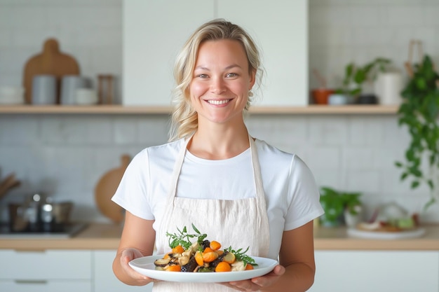 Uśmiechnięta osoba z talerzem jedzenia